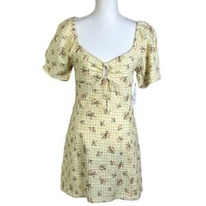 RVCA Dress Gretel Golden Floral Yellow Keyhole Tie Smocked Sides Cotton Mini